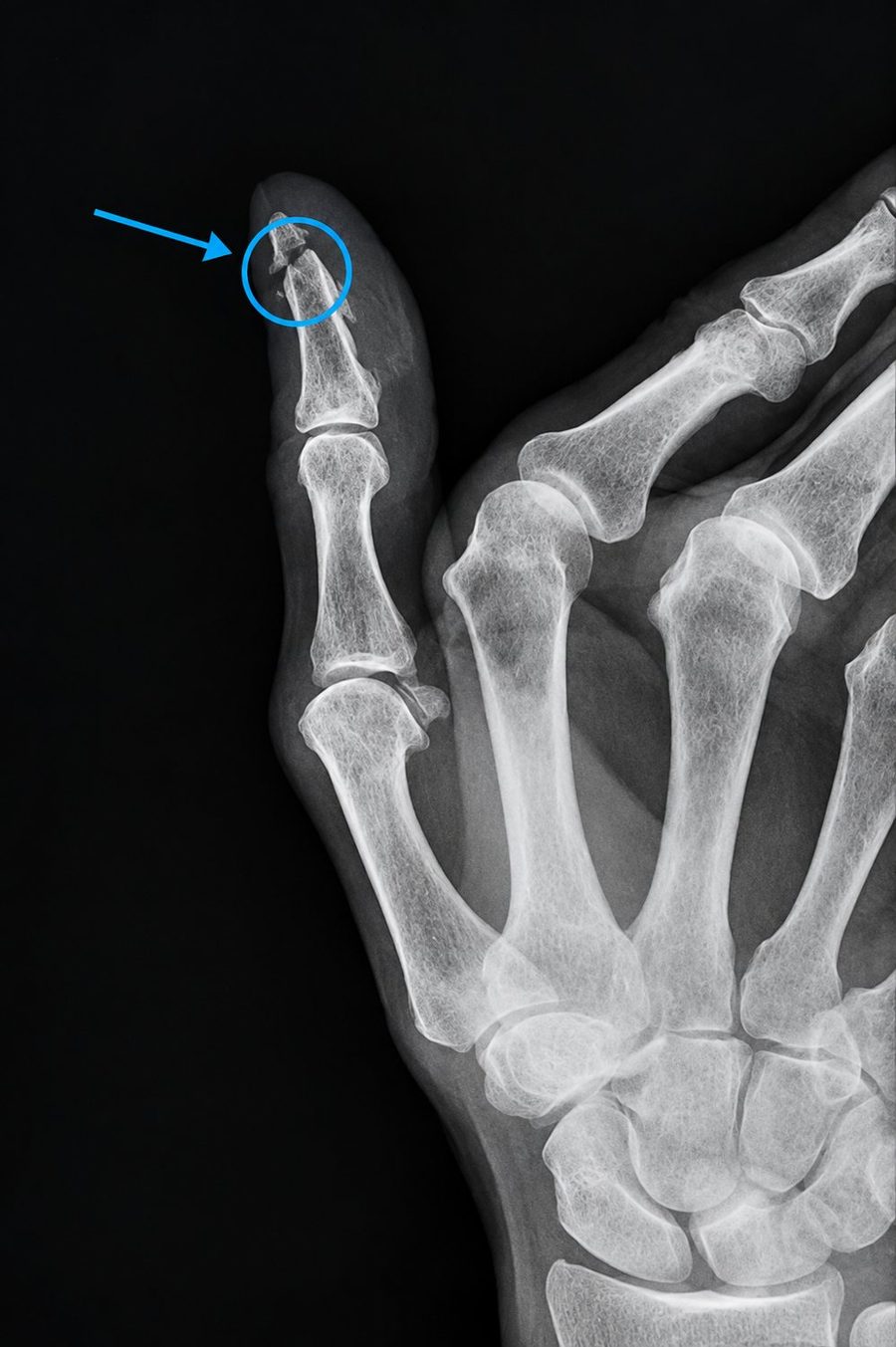 X-ray of a fractured thumb